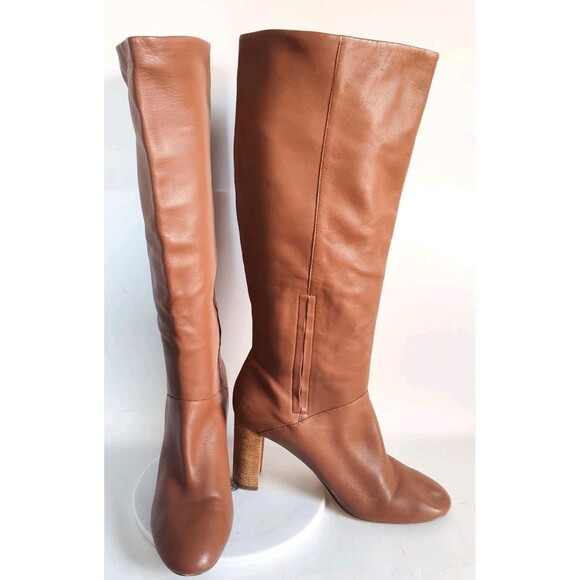 Cole Haan Knee High Tall Riding Boots Size 11 Leather Camel Tan Block Heel Prep - Picture 7 of 11